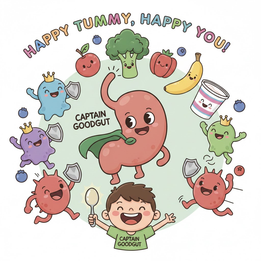 A kid-friendly cartoon featuring 'Captain Goodgut,' a superhero stomach character, surrounded by healthy food characters and happy, shielded microbes. The image includes the text 'Happy Tummy, Happy You!